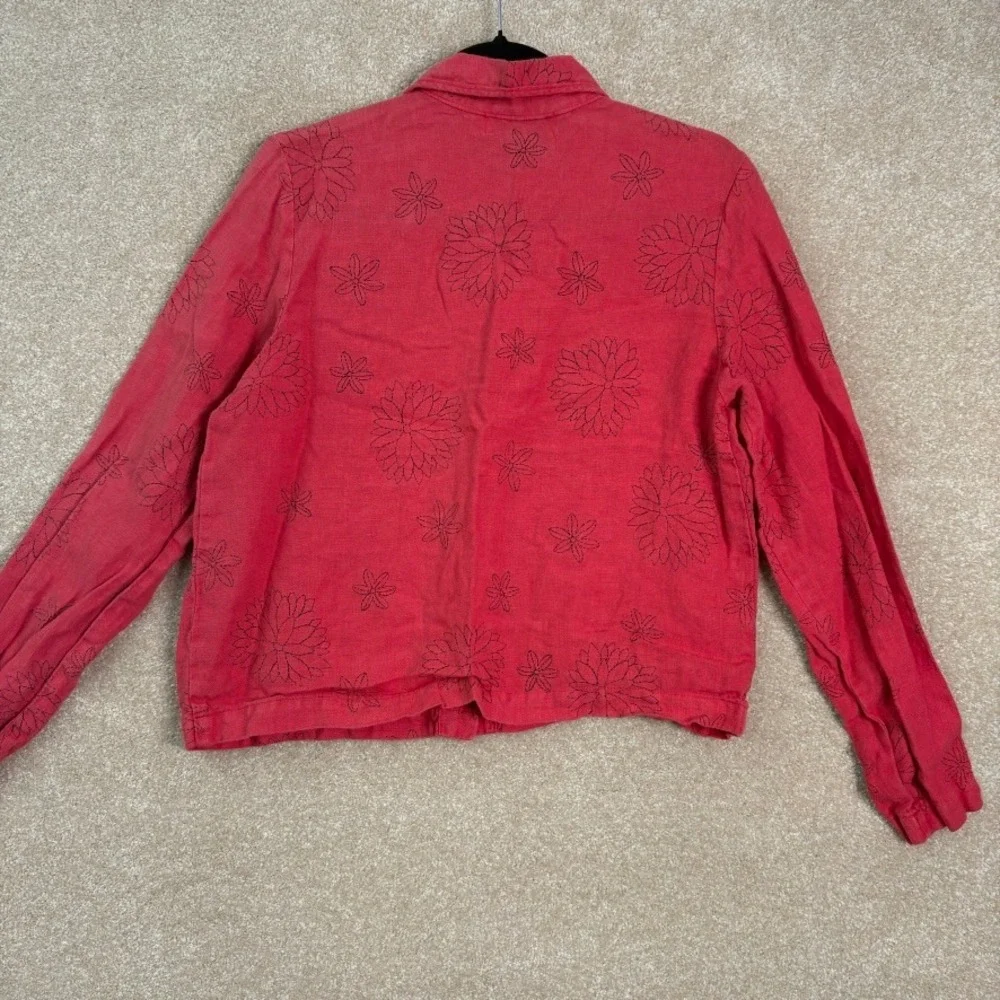 WILLOW 100% Linen‎ Floral Jacket Women's Small Red Button Front Lagenlook Boho